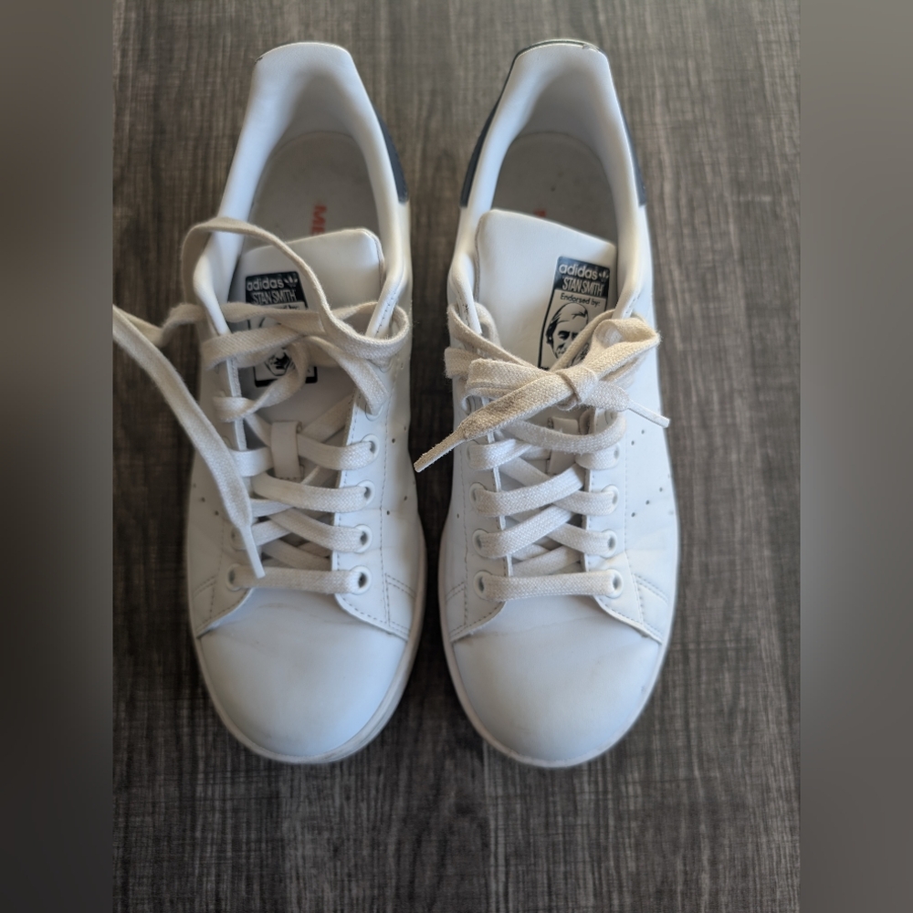 Stan Smith Adidas Women's Classic White Sneakers With Dark Blue Accents.